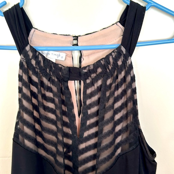 London Times Maxi Dress Chevron Halter 8 Black Stretch Burnout Blouson Waist - Picture 4 of 12